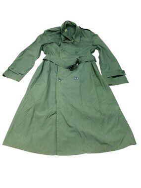 VTG Army Green Mens Military Trench Coat 36R Double-Breasted Belted Raincoat